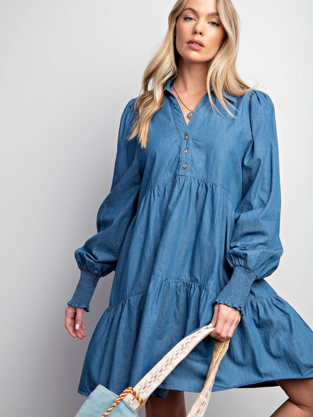 Blue Denim Tiered Mini Dress with Smocked Cuffs